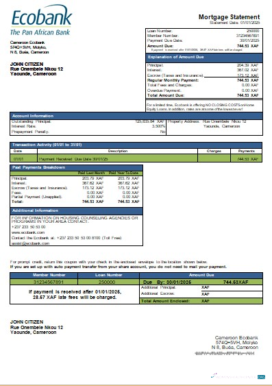Download Cameroon Ecobank bank mortgage statement scr Photoshop template